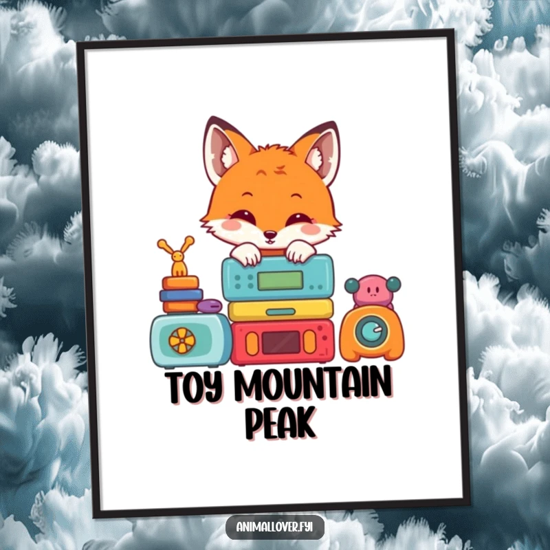 Funny poster print of a cute fox peeking slyly from behind a pile of colorful toys, bringing joy and whimsy to any room.
