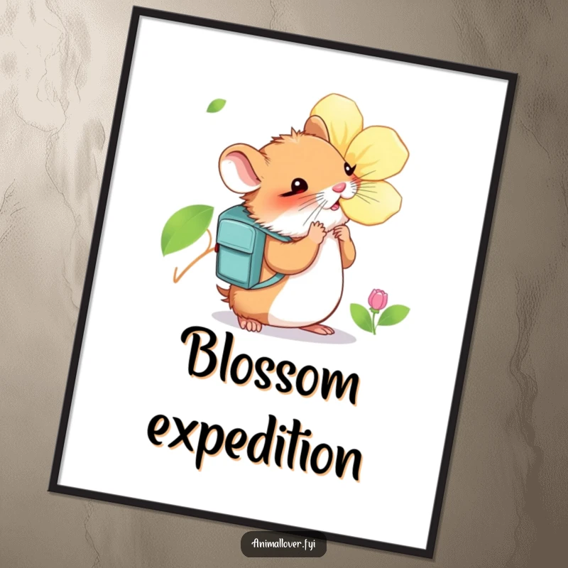 Funny Hamster Poster: A charming print of a curious hamster wearing a backpack, intensely sniffing a large, vibrant blossom.