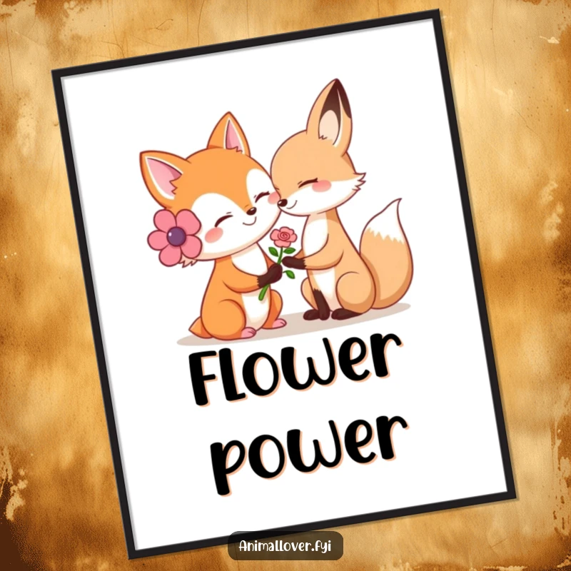 Funny poster art of a smiling fox offering a flower to another animal, radiating warmth and gentle affection.