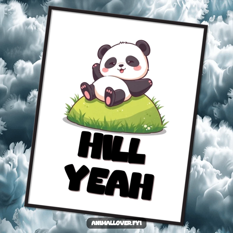Funny poster capturing a panda hilariously tumbling down a green hill, a dynamic and joyful piece of wall art.