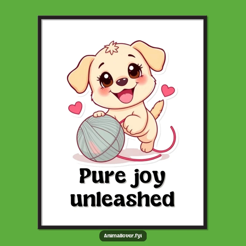 Funny Puppy Yarn Ball Poster: Whimsical Art Print - Joyful Dog Decor - Perfect Gift