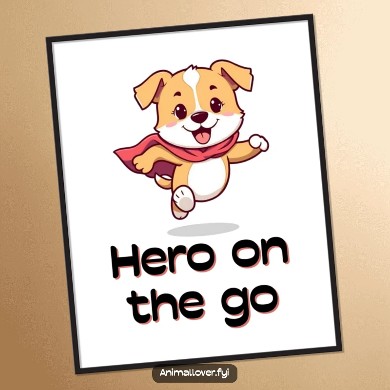Funny Dog Poster showing a dog wearing a cape, running with extraordinary energy and a joyful, heroic spirit.