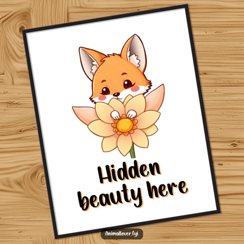 Funny poster showcasing a curious fox peeking from behind a large, colorful flower, creating a scene of playful intrigue.