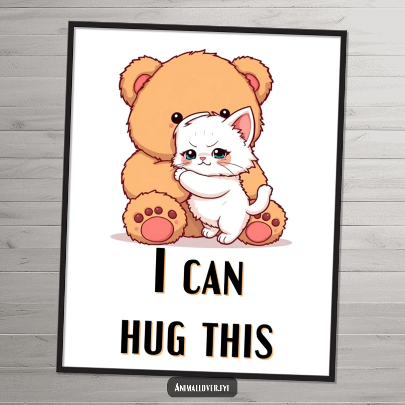 Funny Kitten Poster: A charming print of a determined kitten intensely trying to hug an oversized teddy bear, full of heart.