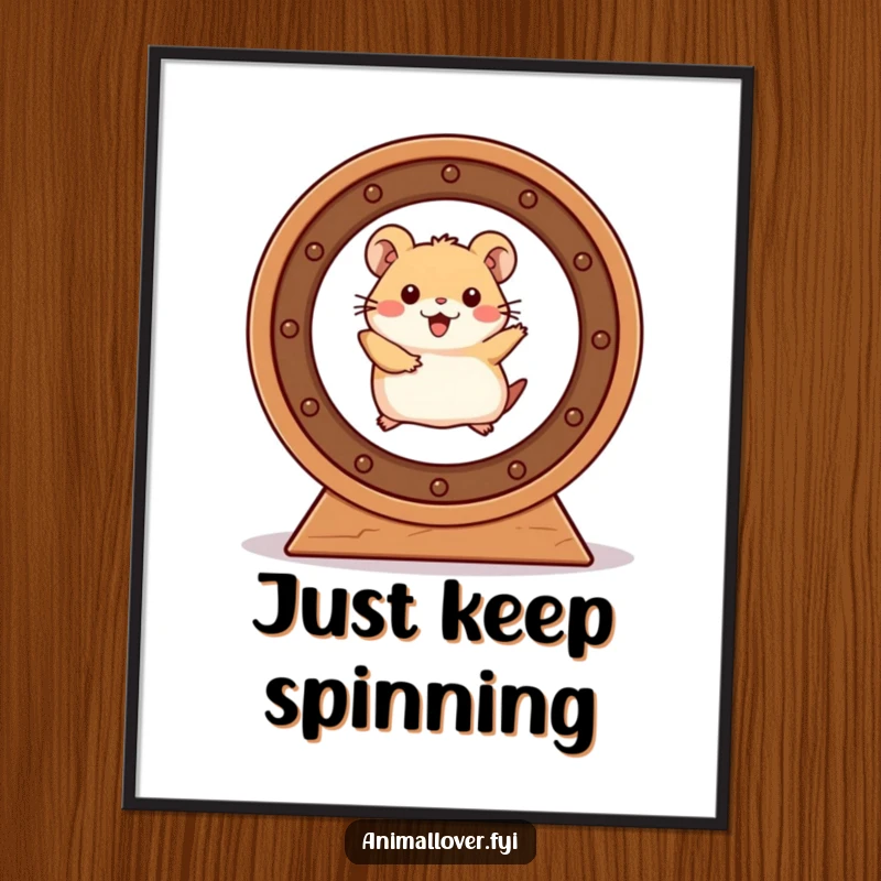 Funny Hamster Poster capturing a hamster's gleeful race within a spinning wheel, exuding boundless energy and joy.