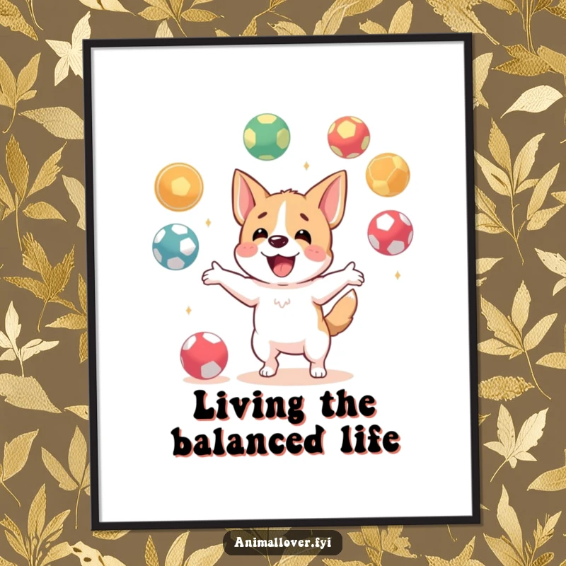 Funny poster art of a happy dog character skillfully juggling multiple balls, creating a dynamic and amusing visual.