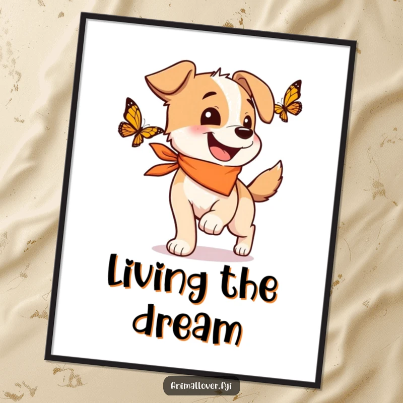 Funny poster art of a happy dog wearing a bandana, wagging its tail excitedly while chasing a butterfly.