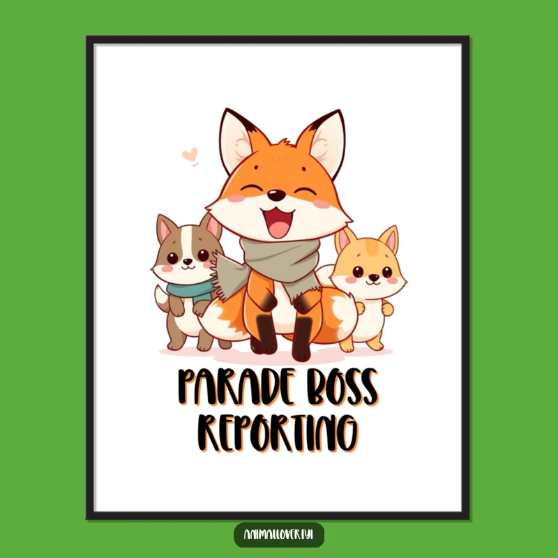 Vibrant Funny Fox Parade Poster: Bring Joyful Animal Art to Your Walls, Great Gift