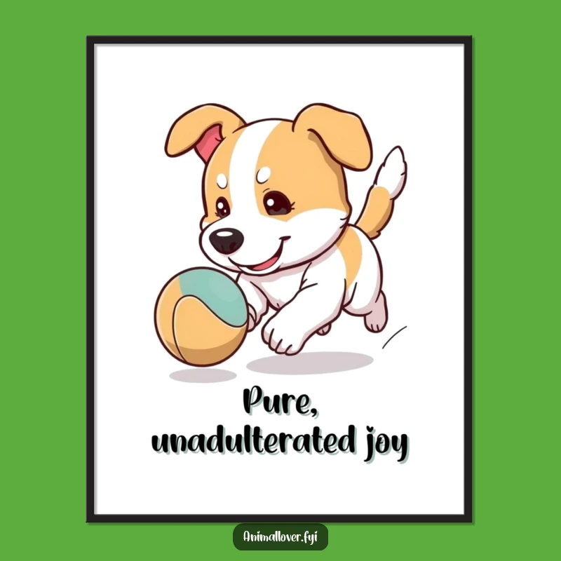 Funny Focused Dog Ball Chase Poster: Playful Cartoon Art for Dog Lovers
