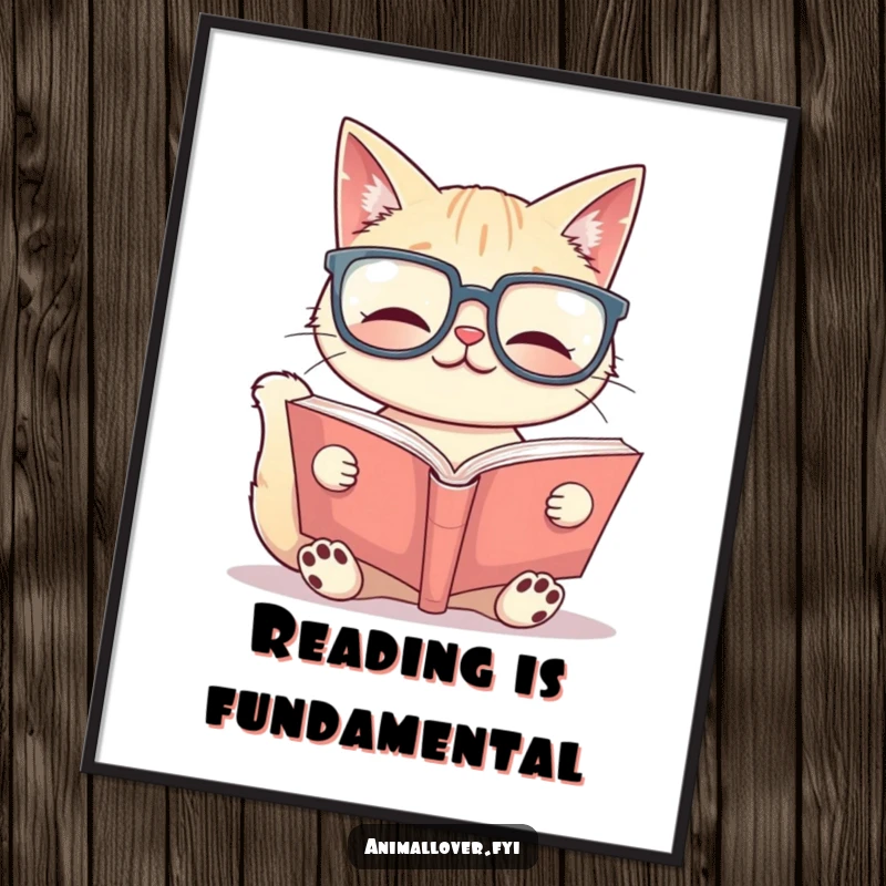 Funny Poster: A smiling cat wearing huge glasses reads a large book, creating a humorous and intelligent piece of wall art.