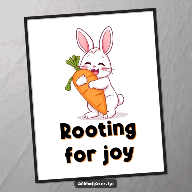 Funny poster showcasing a delighted bunny hugging a massive carrot, creating a joyful and whimsical art piece. Great gift.