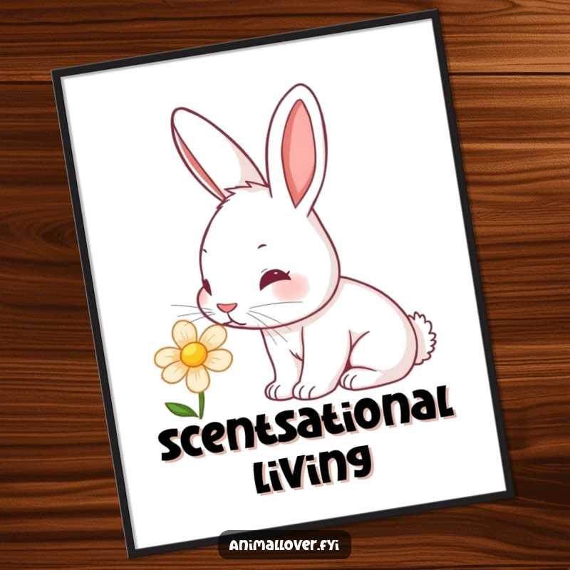 Funny rabbit poster showing a curious bunny with a twitching nose intently sniffing a brightly colored flower, adding charm.