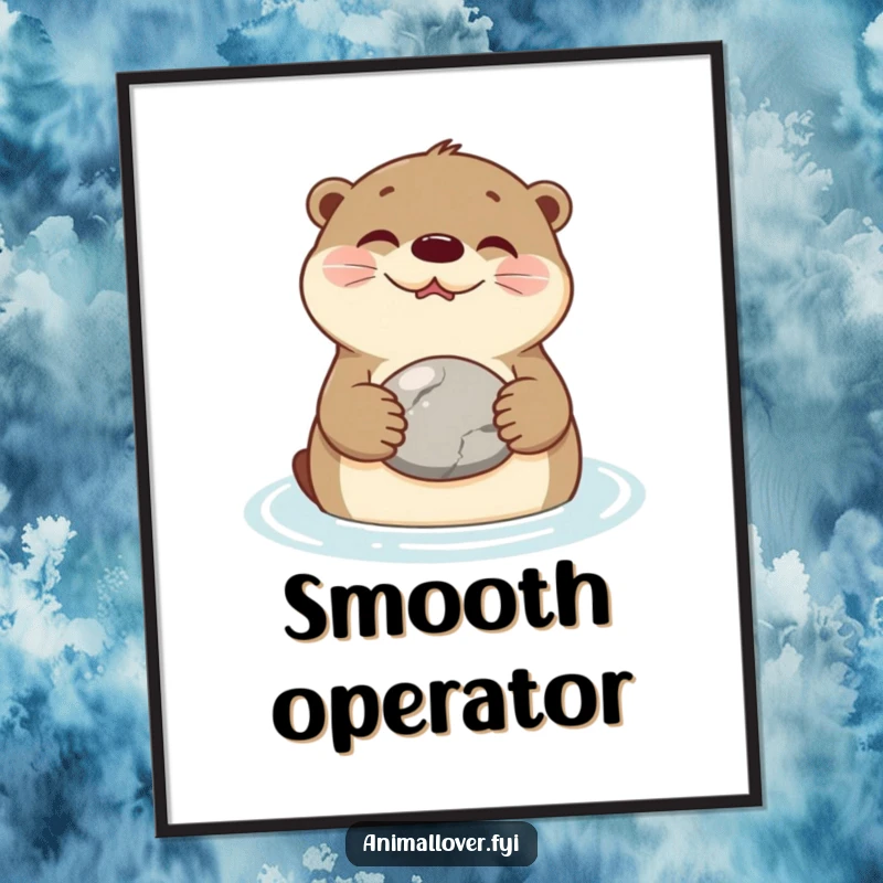 Funny Poster of a smiling otter floating on its back, holding a smooth stone, creating a scene of utter contentment.