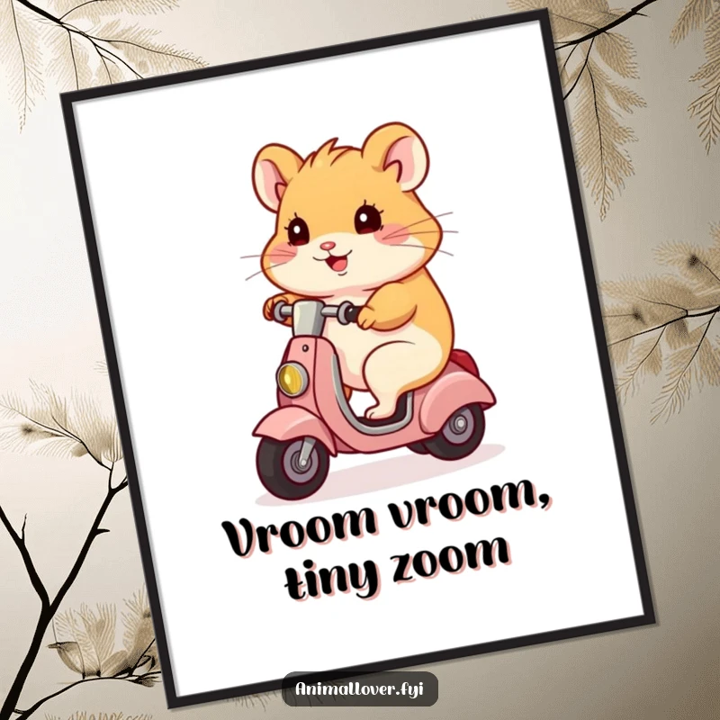 Funny hamster character on a scooter, looking determined and ready for adventure, ideal wall decor as a funny gift.