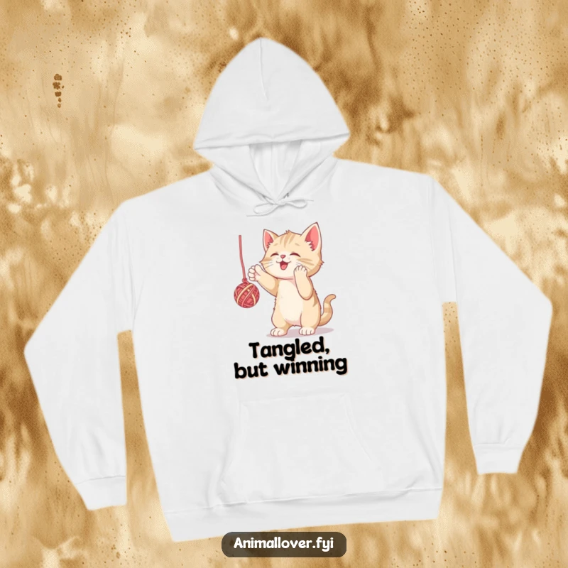 Funny hoodie with a playful kitten batting at yarn, offering warmth and a touch of feline fun. A snuggly, humorous present.