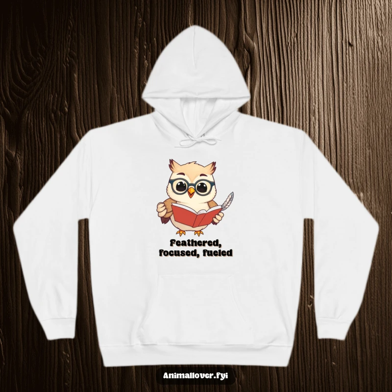 Funny hoodie showcasing a studious owl with spectacles and a book, offering warmth, comfort, and a touch of intellectual humor.