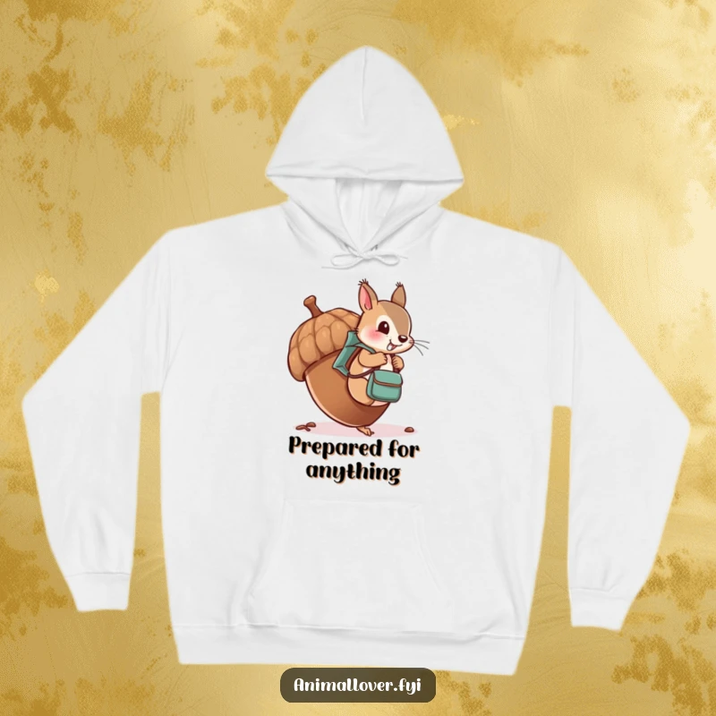 Funny hoodie featuring a cheeky squirrel with a small backpack, climbing an oversized acorn with enthusiasm.