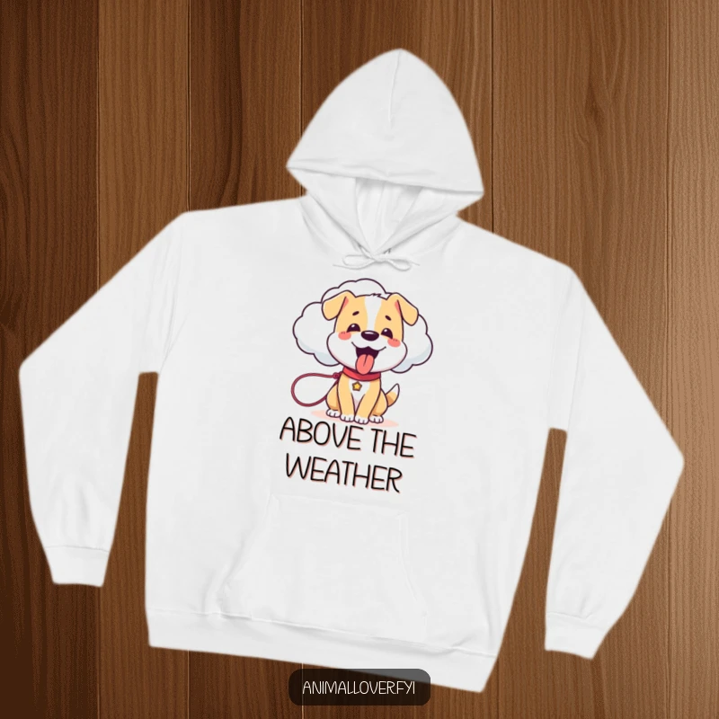 Funny Dog Hoodie: A warm, comfortable hoodie displaying a happy dog panting while holding a leash attached to a sentient cloud.