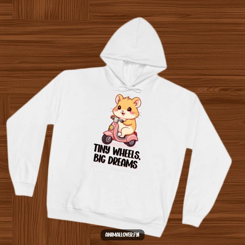 Funny hamster character confidently riding a small scooter, showcasing a cool and adventurous vibe, great for a cozy gift.
