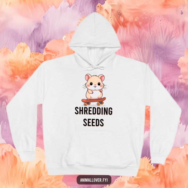 Funny hoodie featuring a playful hamster riding a tiny skateboard, offering warmth and a cool vibe.