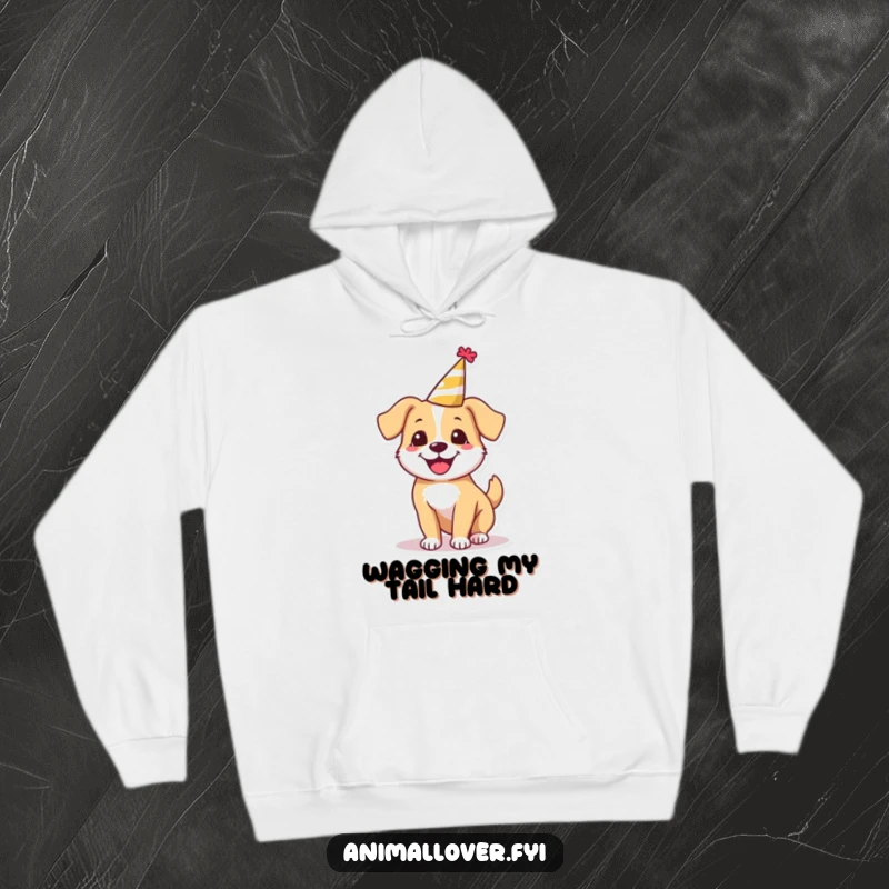 Funny happy dog hoodie wearing a tiny party hat, happily spinning around, offering warmth and hilarious festive vibes.