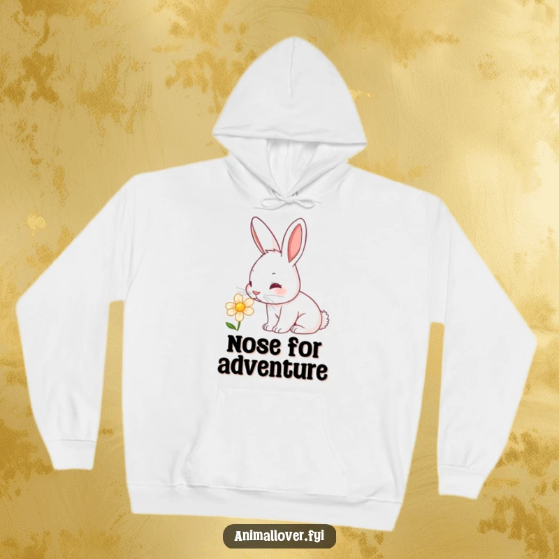Funny rabbit hoodie depicting a curious bunny with a twitching nose sniffing a blooming flower, ideal for outdoor enthusiasts.