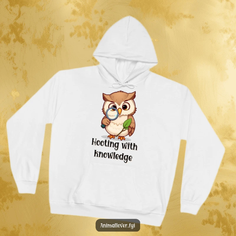 Funny owl hoodie design of a curious owl using a magnifying glass to investigate a leaf, symbolizing intellect and nature exploration.
