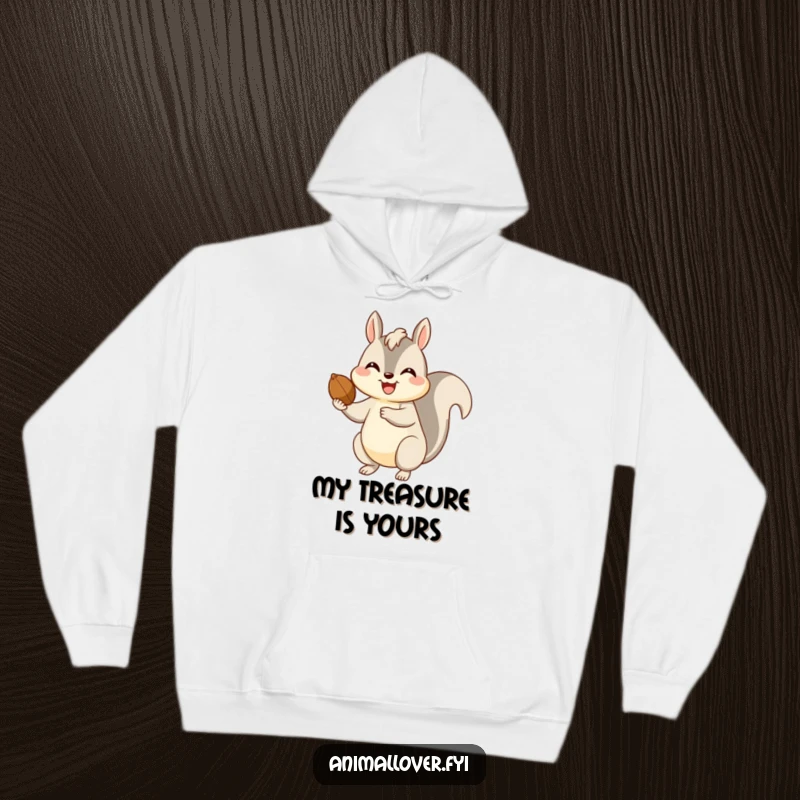 Funny hoodie design of a happy squirrel offering a nut with a beaming smile, radiating warmth and humor.