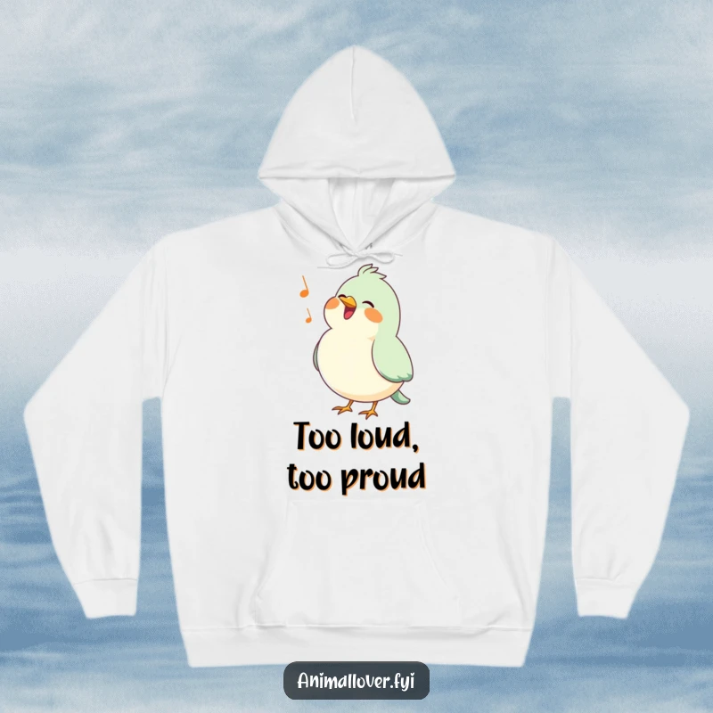 Funny bird hoodie featuring a happy bird with a puffed chest singing a cheerful tune, perfect for cozy days.
