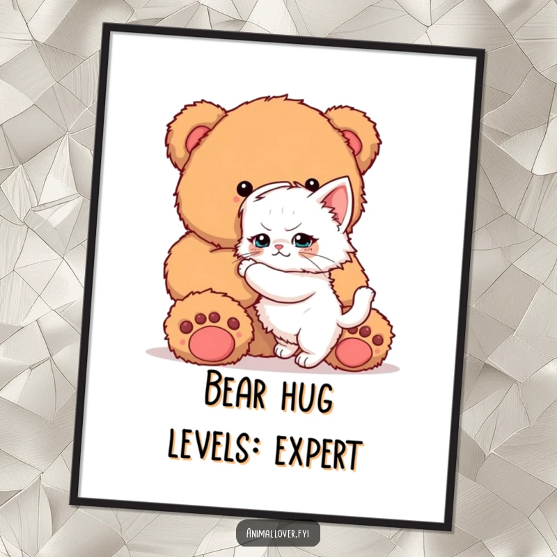 Funny Free Printable Kitten Wall Art: A determined kitten gives a giant teddy bear a huge, endearing hug.