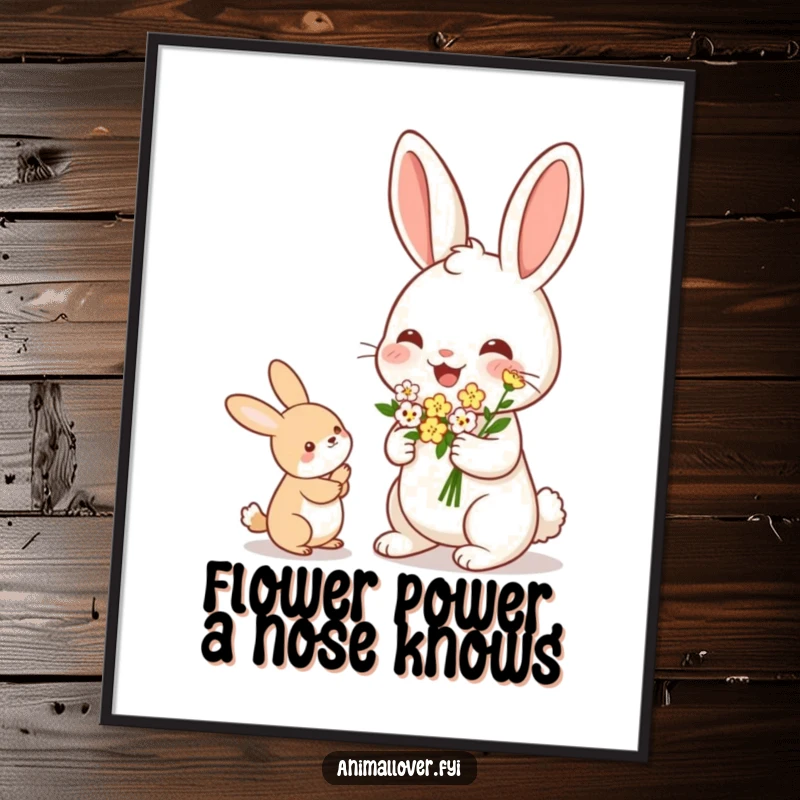 Funny Free Printable Rabbit Wall Art: A cheerful rabbit happily offers a small bouquet of lovely flowers.
