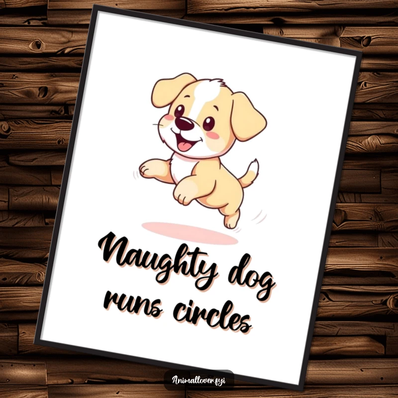 Funny Free Printable Wall Art: A happy puppy joyfully pursuing its own tail in a dizzying spin.