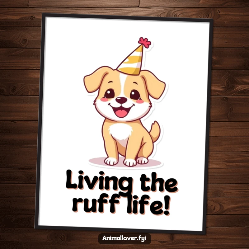 Funny Free Printable Wall Art: A happy dog wearing a tiny party hat is captured mid-spin in delightful motion.