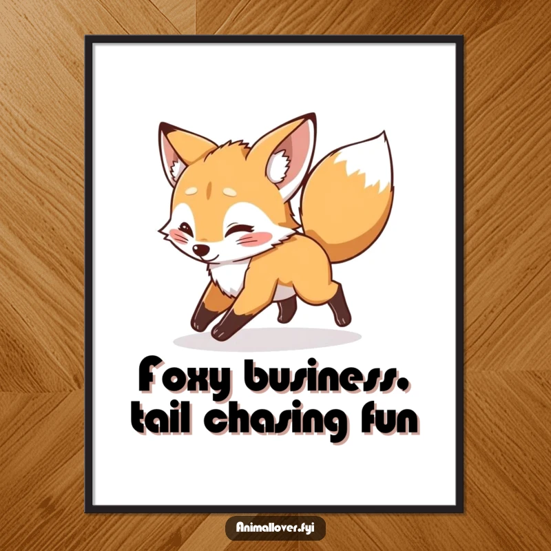 Funny Free Printable Wall Art: A mischievous fox cub spins in circles, playfully chasing its own tail with boundless energy.