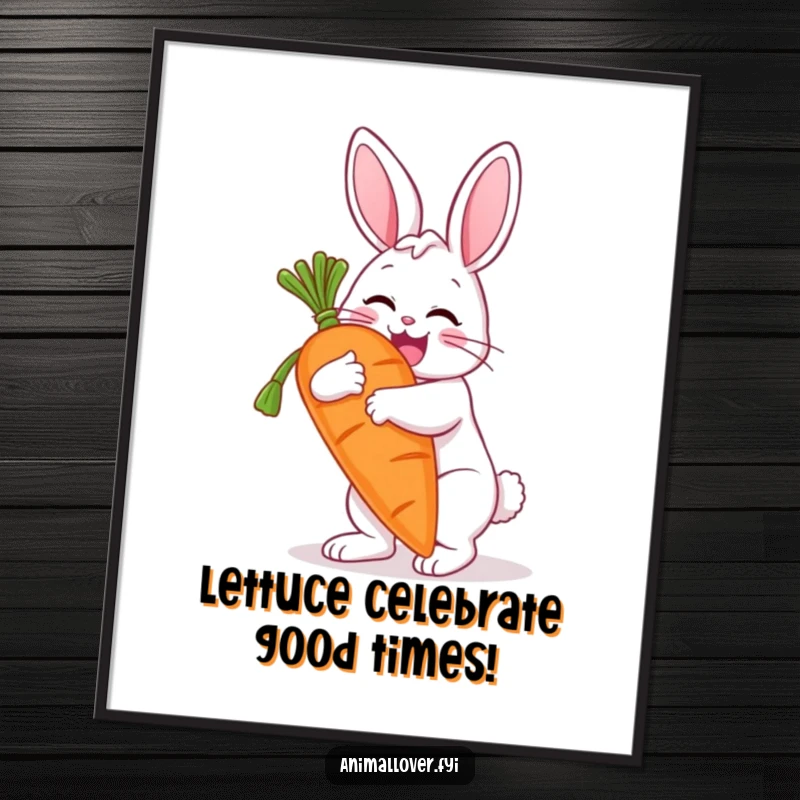 Funny Free Printable Wall Art: A cheerful bunny gleefully hugging a comically large carrot, whimsical downloadable decor.