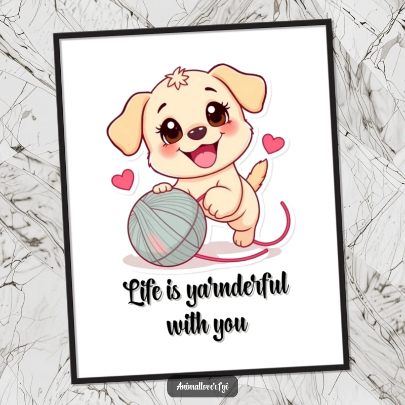 Funny Free Printable Puppy Wall Art: A puppy's gleeful pursuit of a heart-adorned yarn ball brings cheer.