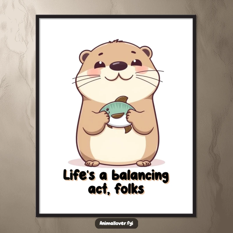 Funny Free Printable Wall Art: Happy otter balancing a small fish on its nose, bringing playful charm and humor to any room, downloadable.