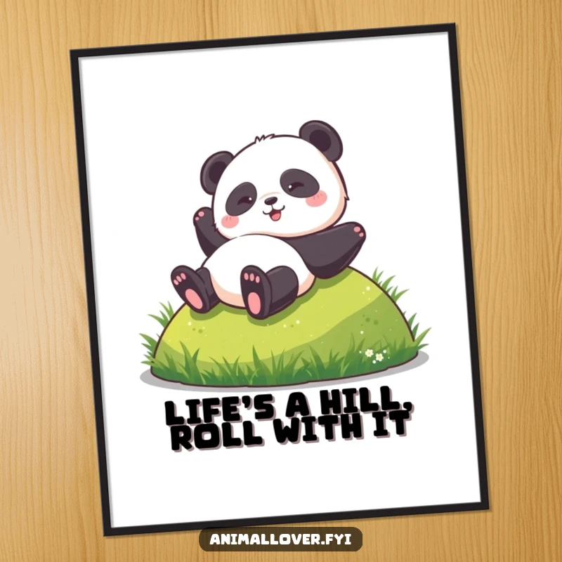 Funny Free Printable Wall Art: A happy panda joyfully rolls down a lush grassy hill, exuding pure fun.