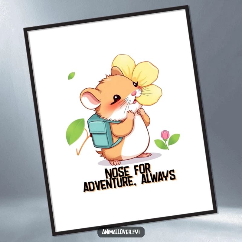 Funny Free Printable Hamster Wall Art: A curious hamster with a backpack eagerly sniffs a large, colorful blossom.