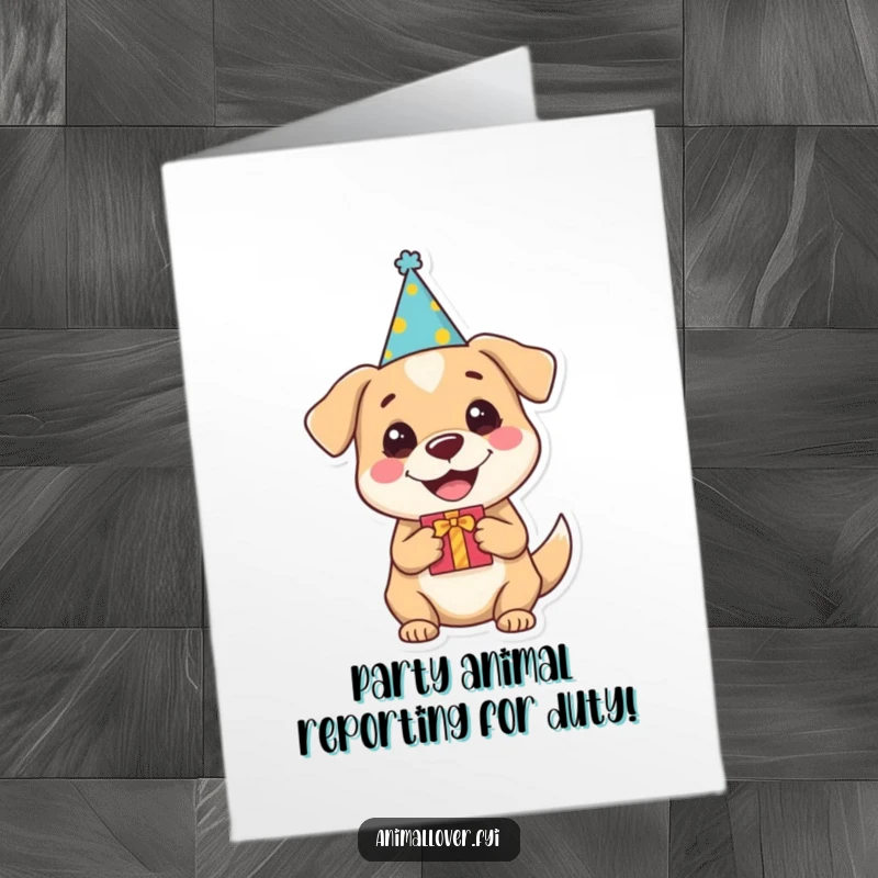 Funny Free Printable Birthday Card: A joyful dog in a party hat eagerly holds a gift, spreading birthday cheer with a wagging tail.