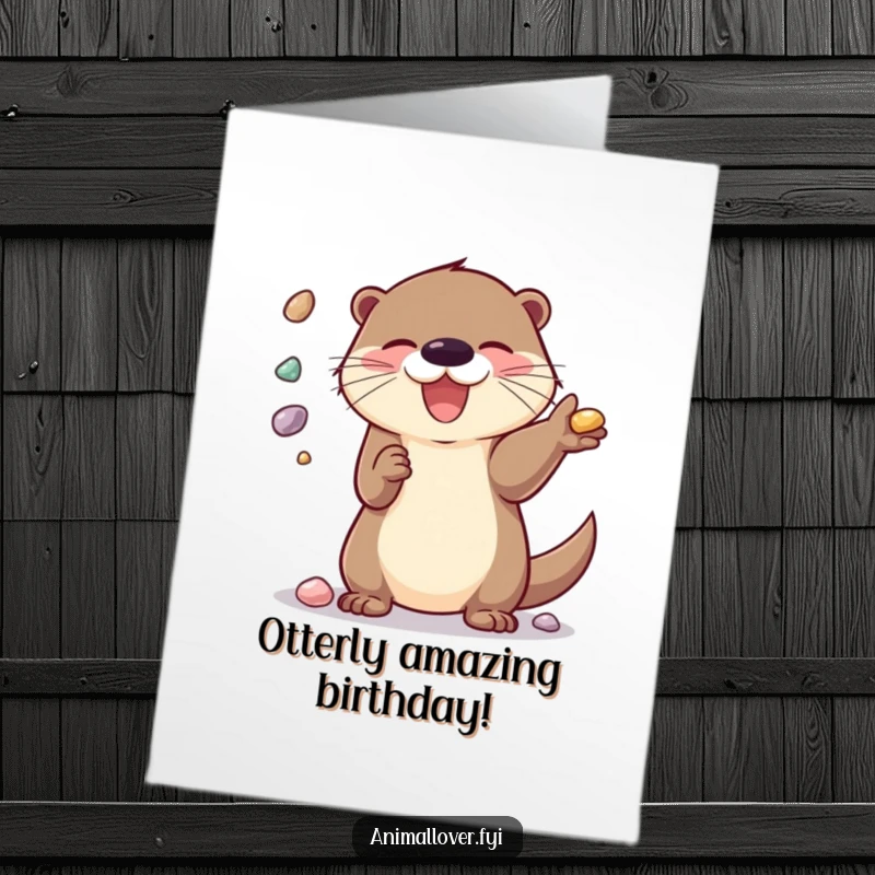 Funny Free Printable Birthday Card: A delighted otter skillfully juggles shiny pebbles, wishing a happy birthday with playful energy.