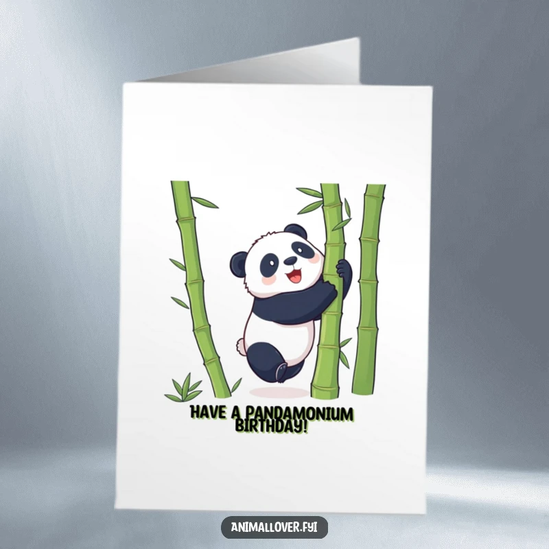 Funny Free Printable Birthday Card: A playful panda tries to hug a giant bamboo stalk, wishing a happy birthday.