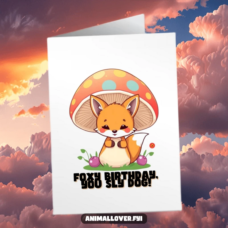 Funny Free Printable Birthday Card: A playful fox peeking its head curiously from behind a giant, colorful mushroom.