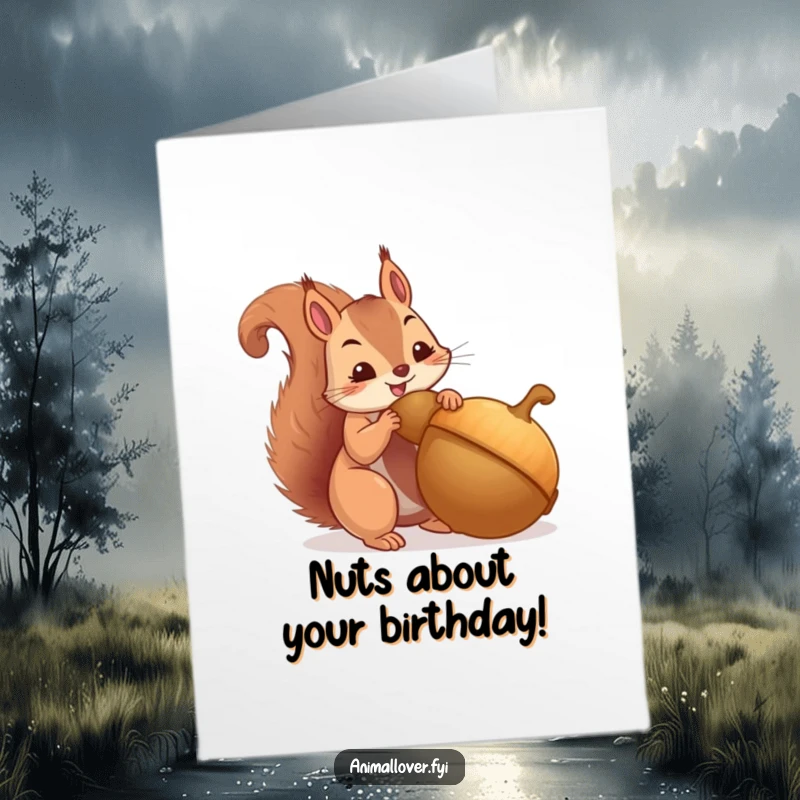 Funny Free Printable Birthday Card: A determined squirrel happily hoarding a massive acorn, a humorous DIY greeting.