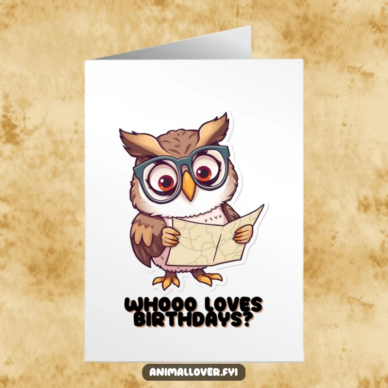 Funny Free Printable Birthday Card: A curious owl wearing spectacles intently studies a folded map.