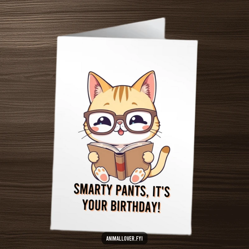Funny Free Printable Birthday Card: Gleeful cat in glasses intently reading a book, perfect for book lovers.