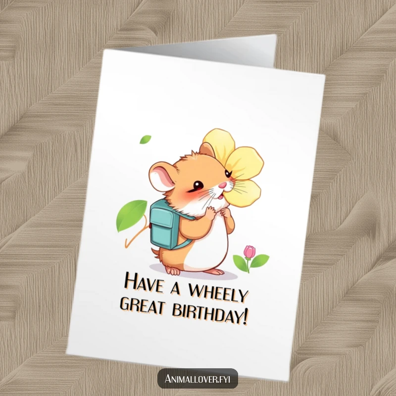 Funny Free Printable Hamster Birthday Card: A curious hamster with a backpack sniffs a large blossom for a birthday wish.