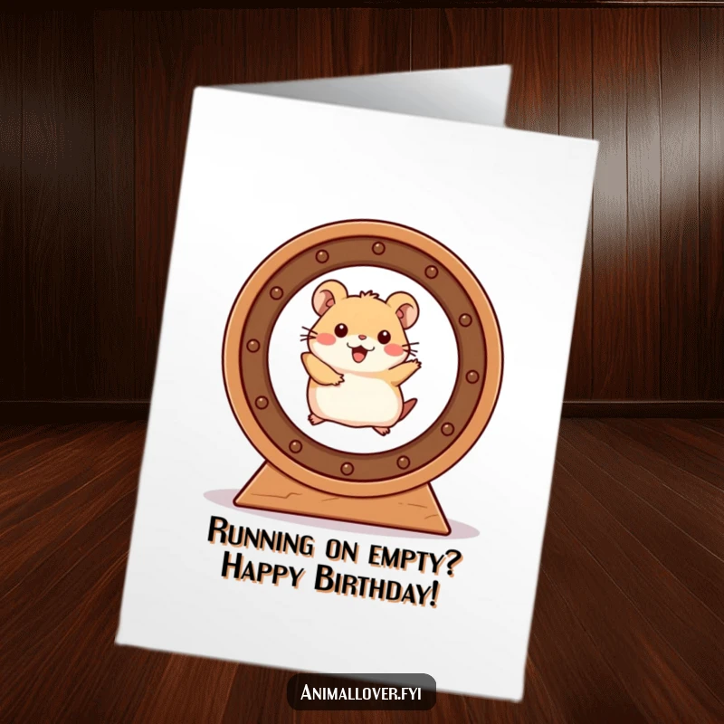 Funny Free Printable Birthday Card: Energetic hamster zooms in a wheel, celebrating with pure silliness. A downloadable delight.