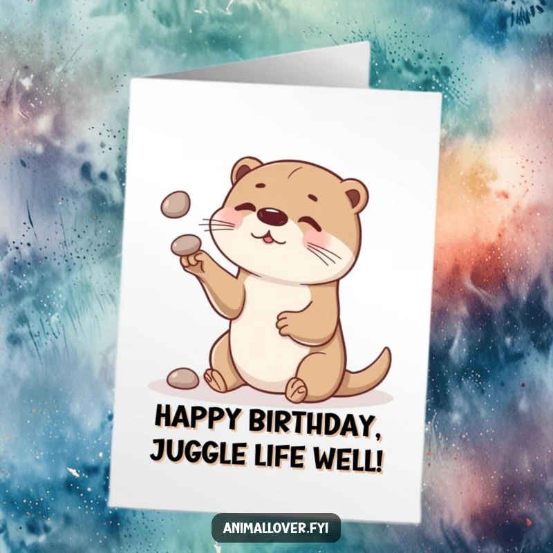 Funny Free Printable Birthday Card: A curious otter juggles small stones with impressive skill, celebrating a birthday.