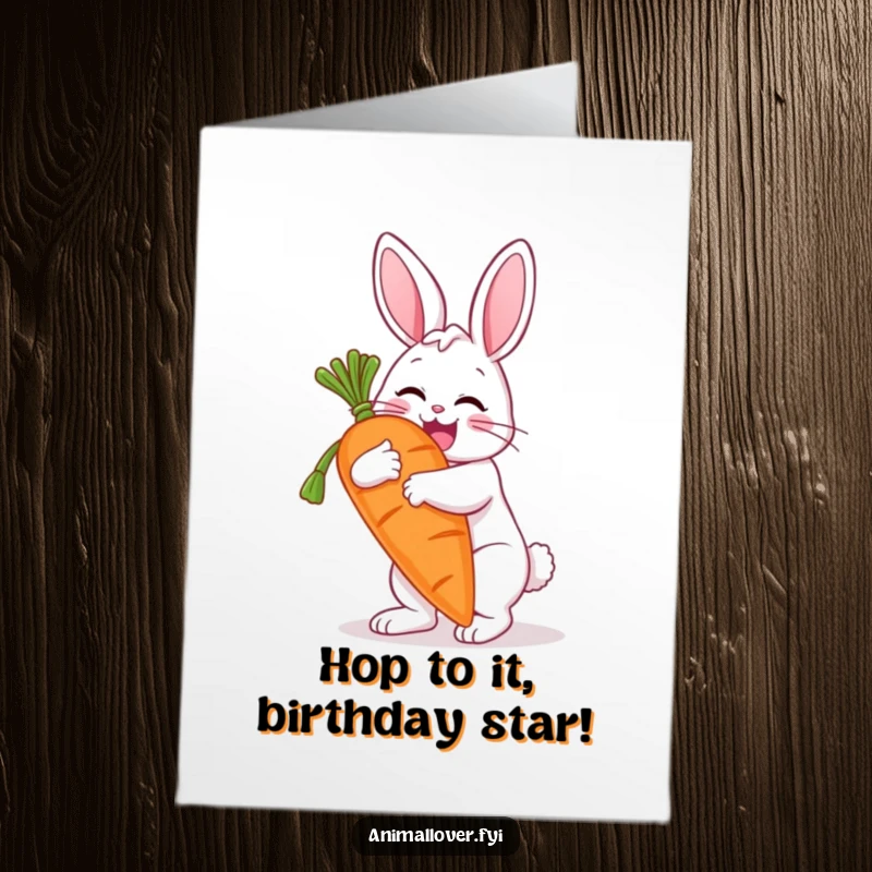 Funny Free Printable Birthday Card: Adorable bunny hugging a massive carrot with pure joy, a hilarious DIY greeting.